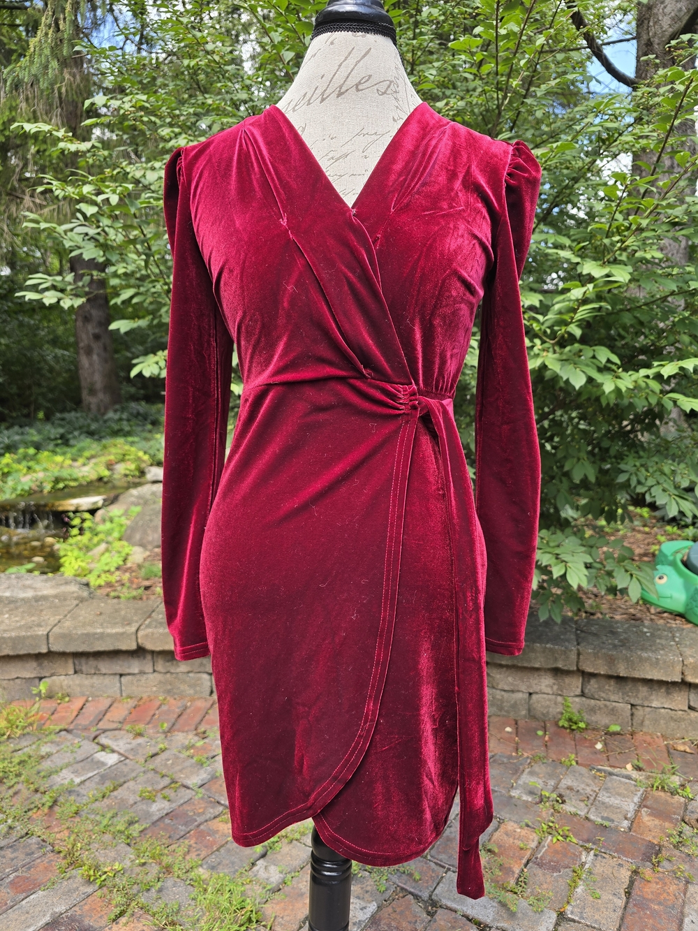 Deep Red Velvet Wrap Dress with Long Sleeves Formal Christmas Family Pictures